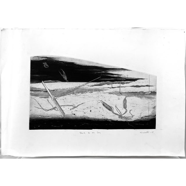 Wonderful and evocative abstracted dry point etching of the sea, a maddox. random fishing buoys and crab claw titled "Back...