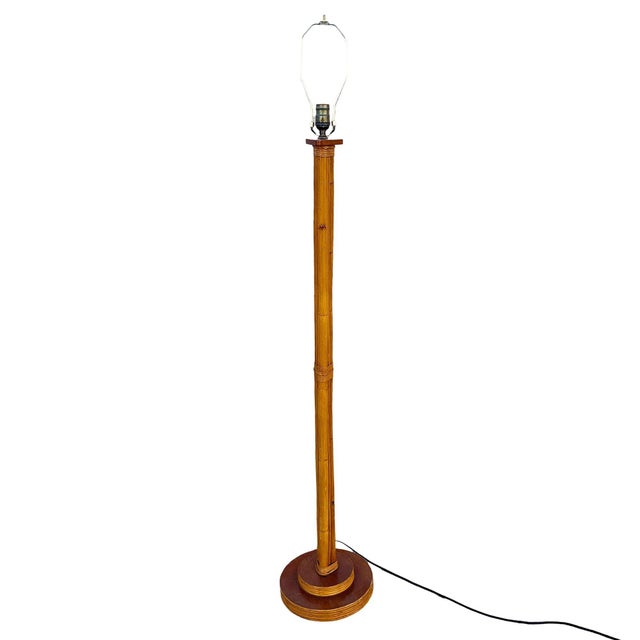 Mid-Century Modern 1950s Mid-Century Modern RestoredThree-Pole Rattan Floor Lamp W/ Mahogany Base For Sale - Image 3 of 9
