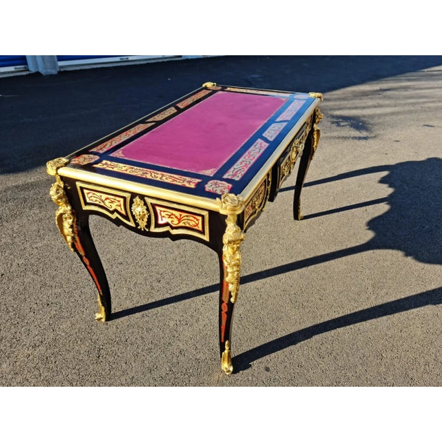 Wood Boulle Style Writing Desk/ Table Bureau Plat French Style Marquetry Inlay With Burgundy Faux Leather on the Top. For Home and Office. For Sale - Image 7 of 12