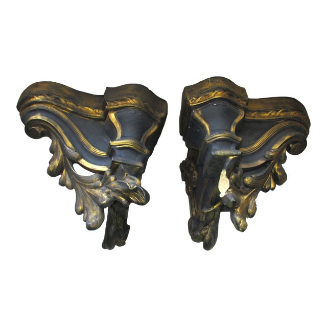 Vintage Ornate Louis XIV Style Acanthus Leaf Design Slate Blue & Gold Corbels- Set of 2 For Sale
