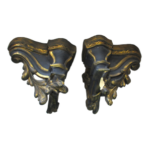 Vintage Ornate Louis XIV Style Acanthus Leaf Design Slate Blue & Gold Corbels- Set of 2