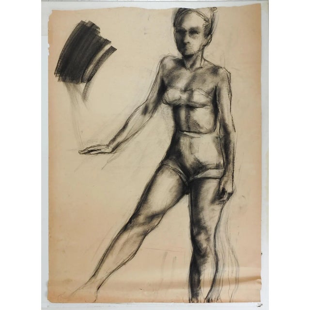 Vintage charcoal on paper female figural study by Geneva Flores Hart Fell (1906-2008) Texas, circa 1950s. Unsigned, from...