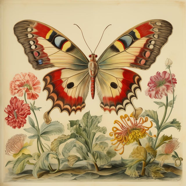 Shabby Chic 30' X 30' Framed 'Butterfly and Flowers' Watercolor Botanical Fine Art Print For Sale - Image 3 of 6