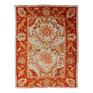 Antique Turkish Oushak With Elegant Motifs in Red, Ivory, Gold and Salmon Pink 7 X 9'8 For Sale