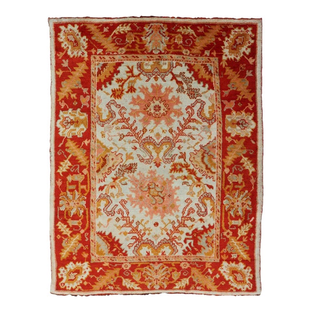 Antique Turkish Oushak With Elegant Motifs in Red, Ivory, Gold and Salmon Pink 7 X 9'8 For Sale