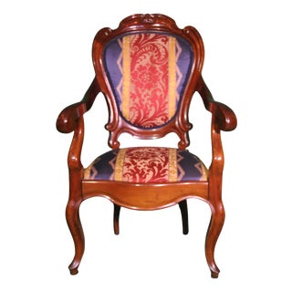 Louis XV Rococo Style Armchair in Carved Wood and Damask Upholstery, 1850s For Sale