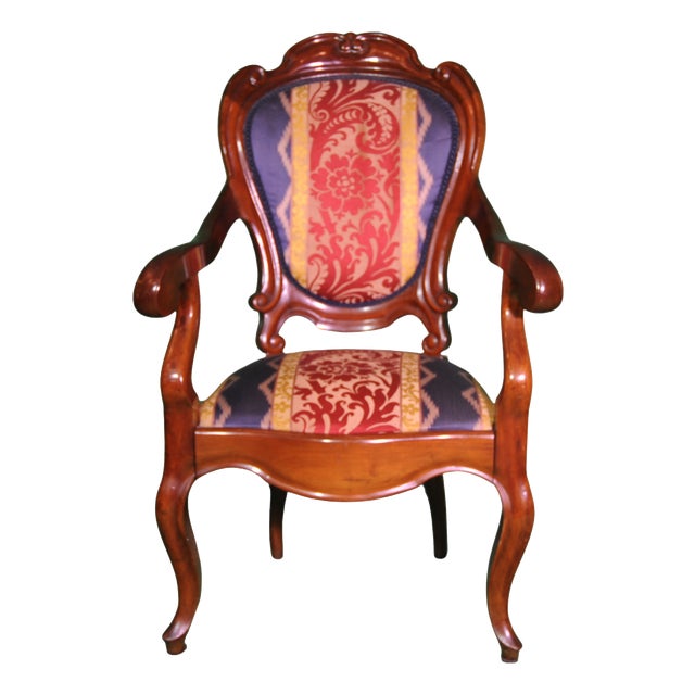 Louis XV Rococo Style Armchair in Carved Wood and Damask Upholstery, 1850s For Sale