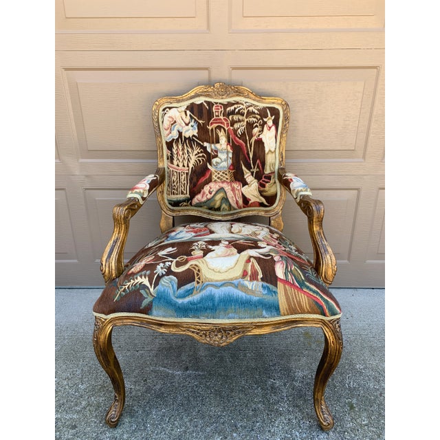 French Provincial French Provincial Louis XV Giltwood Fauteuil With Chinoiserie Tapestry Upholstery For Sale - Image 3 of 12