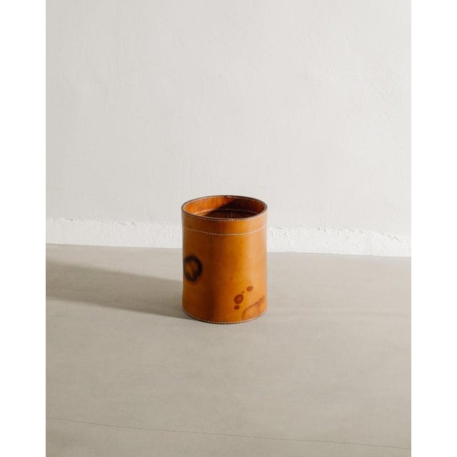 A rare Danish mid century paper / trash bin in patinated leather produced in Denmark, 1960s. In good original condition...