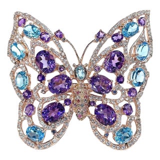 Bochic "Capri" Amethyst & Blue Topaz Butterfly Ring Set In 18K Gold & Silver For Sale