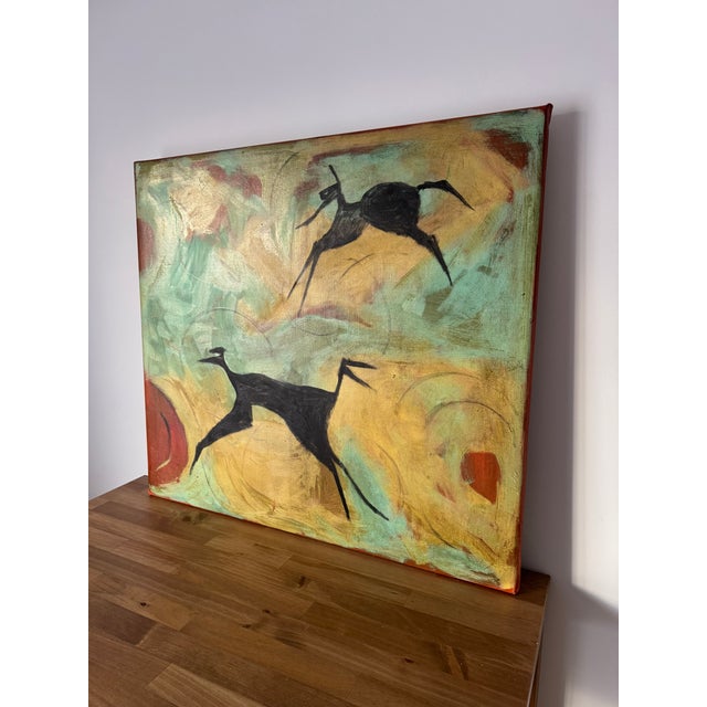This is a large abstract oil painting featuring two black primitive animal-like silhouettes set against a neutral...