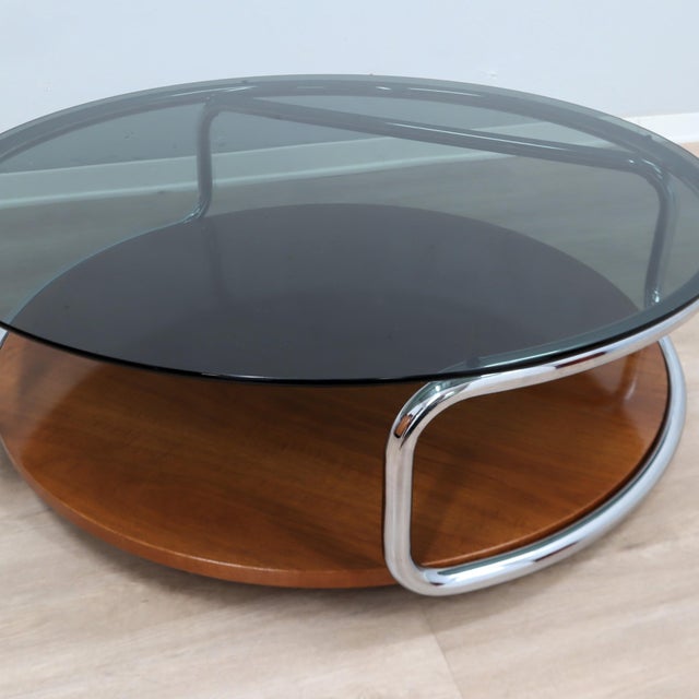Large Italian Round Chrome and Smoked Glass Coffee Table on Wheels, 1970s For Sale - Image 9 of 13