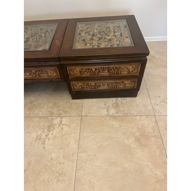 Vintage South East Asian Hand-Carved Five-Drawer Coffee Table With 3 Piece Glass Top Insets For Sale - Image 4 of 12