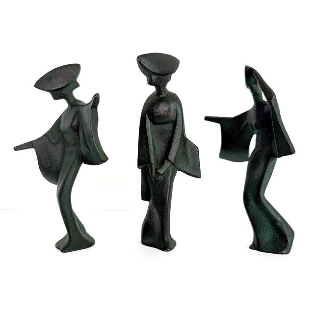 Mid-Century Modern Set of Three Japanese Modernist Cast Iron Figural Sculptures, Mid-Century For Sale - Image 3 of 9
