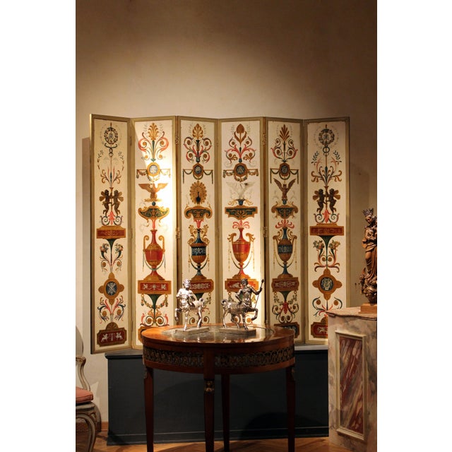 Hollywood Regency 19th Century Italian Six-Panel Painted Wood Folding Screen in Gilt Bronze Frame For Sale - Image 3 of 16