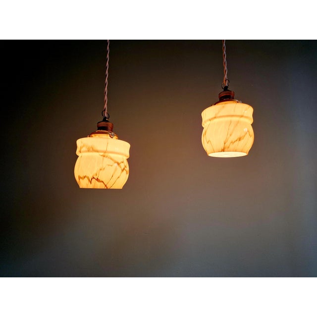 Art Deco Pendant Lights in Opaline and Marbled Uranium Glass from Scailmont, Belgium, 1930s, Set of 3 For Sale - Image 13 of 18