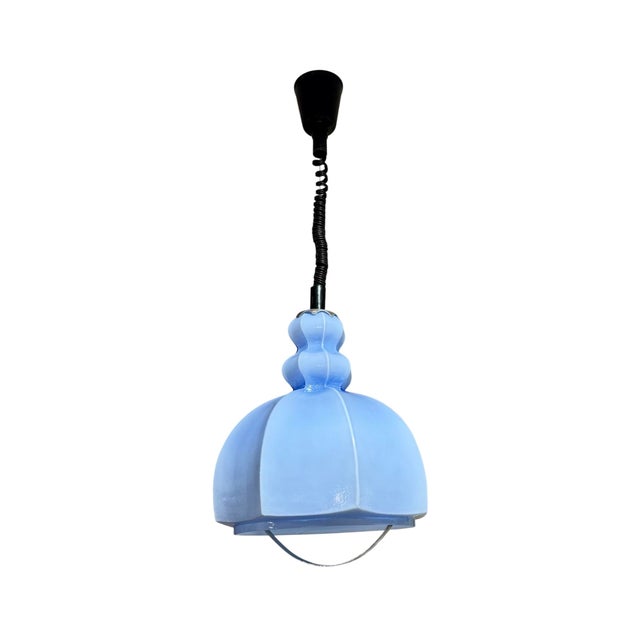 Vintage adjustable light blue glass pendant light, Yugoslavia, 1970s. Black retractable mechanism, plastic canopy, orange...