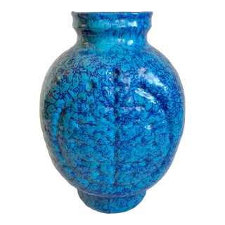 Vintage Volcanic Glazed Pottery Vase in Mottled Turquoise For Sale