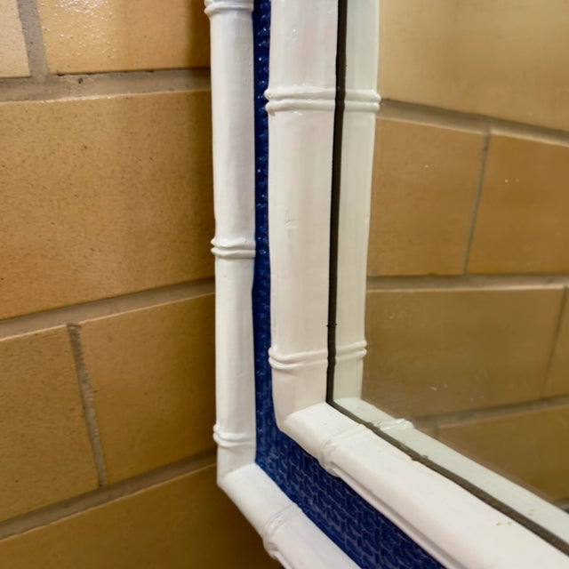1980s Stunning Vintage Chinoiserie Blue and White Faux Bamboo Wall Mirrors - Newly Painted - A Pair For Sale - Image 5 of 8