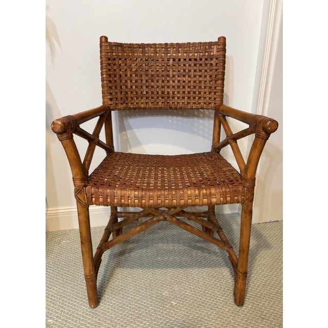 Mid 20th Century Vintage McGuire Leather Strapped, Rattan Campaign Chairs, 6 Available. For Sale - Image 5 of 9