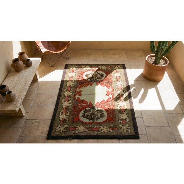 1930s Rare Antique Artistic Art Nouveau Design American Hooked Folk Art Rug For Sale - Image 11 of 13