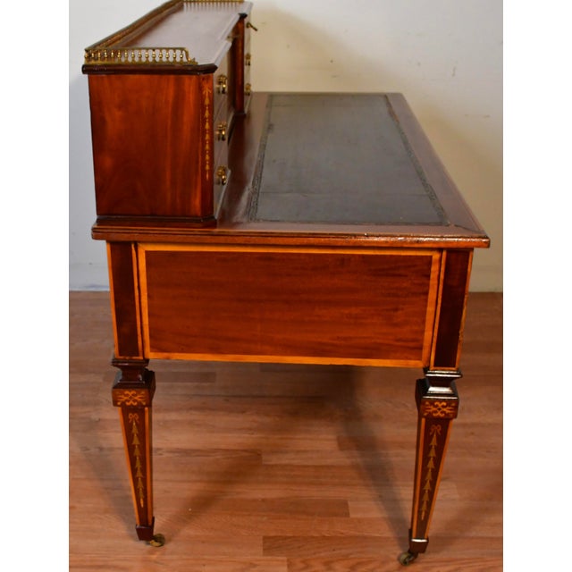 1900s Antique Federal Style Inlaid Mahogany Writing Desk With Leather Top & Gallery Birmingham Desk For Sale - Image 16 of 18