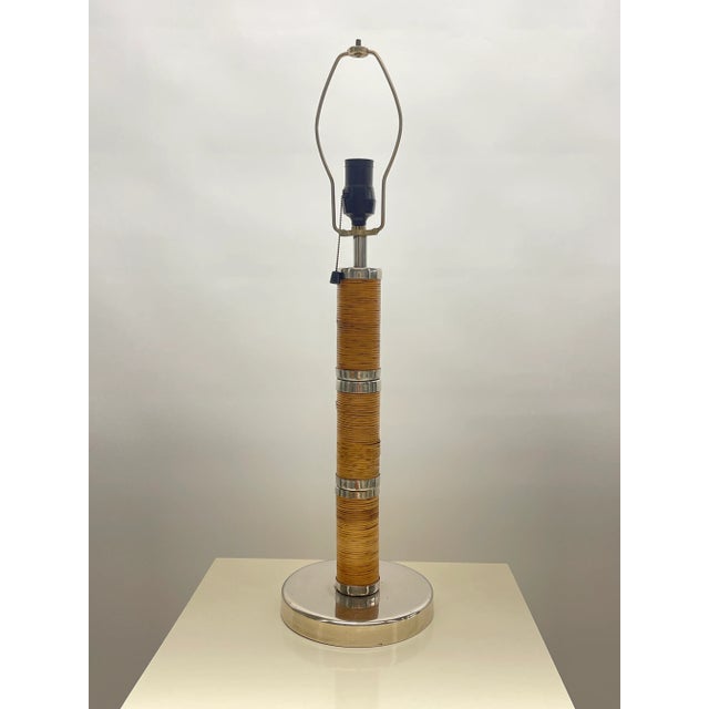 1970s Mid-Century Wicker Rattan and Chrome Table Lamp For Sale - Image 12 of 12