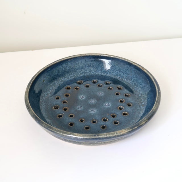 Mid-Century Modern Signed Studio Pottery Ceramic Colander Dish in Mottled Blue Glaze For Sale - Image 3 of 15