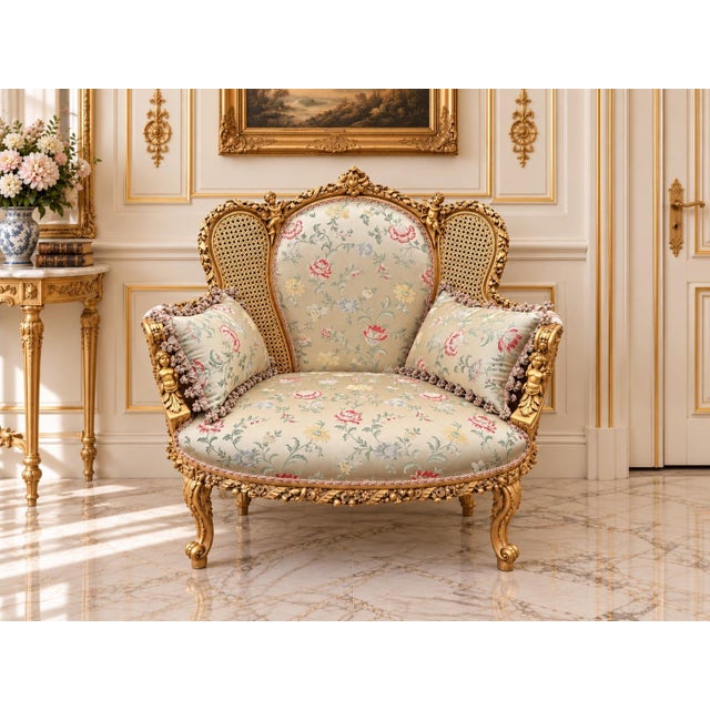 This distinctive circa 1960 French Louis XVI–style settee combines sculptural carved beechwood, traditional cane work and...