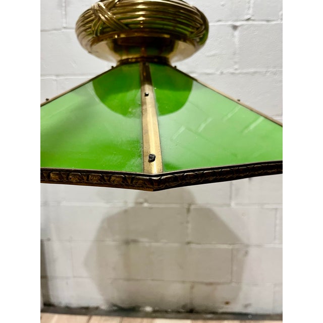 Vintage Brass & Green Glass Octagonal Three-Light Pendant Chandelier For Sale In New York - Image 6 of 12