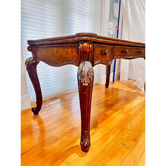 Late 20th Century Traditional Carved Wood Executive Desk With Leather Top & Marble Inlay For Sale - Image 9 of 11