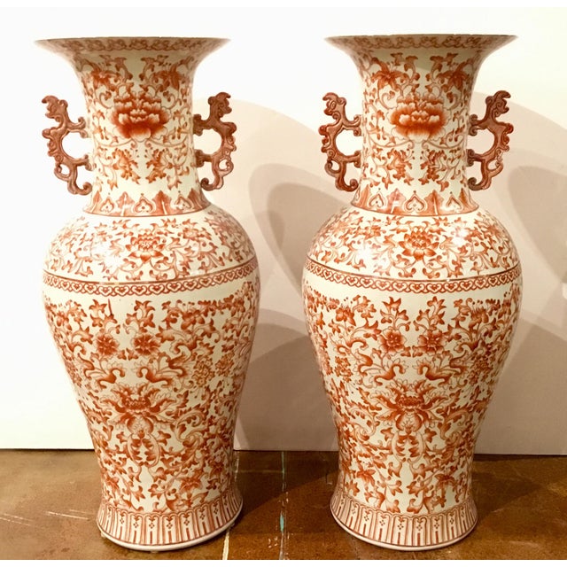 Transitional Asian Style Large Orange and White Chinese Porcelain Urns