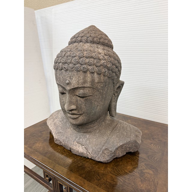 Late 20th Century Indonesian Hand Carved Lava Stone Buddha Bust For Sale - Image 5 of 12