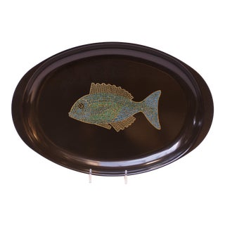 Large Mid-Century Black Resin Inlaid "Fish" Oval Tray by Couroc For Sale