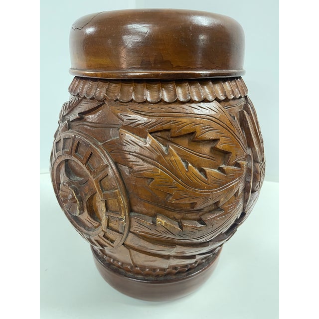 Antique Hand Carved Wooden Hollow Drum-Shaped Chinese Garden Stools—A Pair For Sale - Image 11 of 16