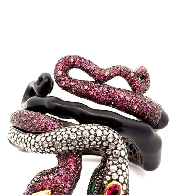 Pink Tourmaline Diamond Silver-18k Gold-Wooden Snake Bracelet For Sale In Los Angeles - Image 6 of 11