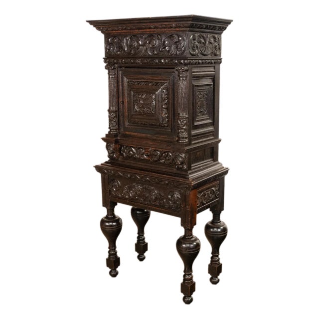 Antique 17th Century Dutch Carved Ebonized Oak Credence Cabinet on Stand 1680 For Sale