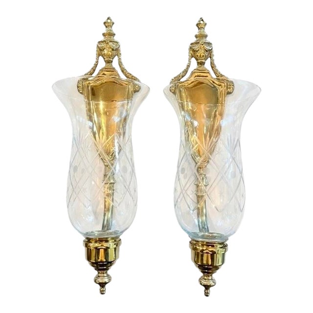 Vintage Colonial Williamsburg Style Brass Wall Sconces With Etched Glass Shades - a Pair For Sale