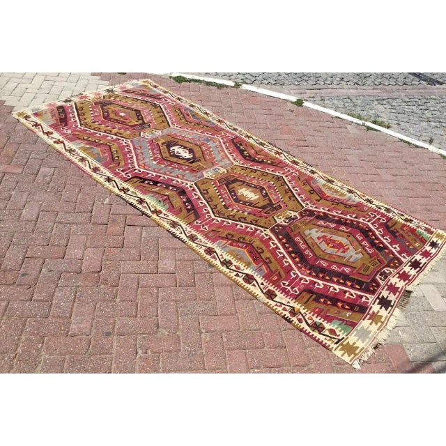 This beautiful, vintage, handwoven Kilim is approximately 70 years old. It is handmade, of very fine quality hand spun...