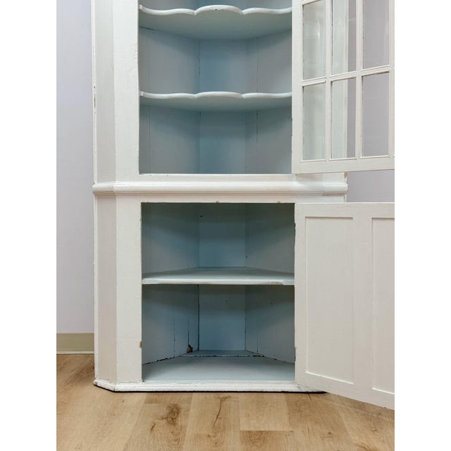 Antique Painted White Corner China Cabinet Pane Glass Door 1800s Display Cabinet For Sale - Image 10 of 18