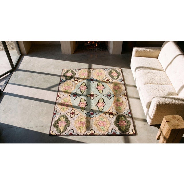 Wonderful Tan Beige Color With Flowery and Oval Patters Desing Antique American Hooked Rug For Sale - Image 9 of 9
