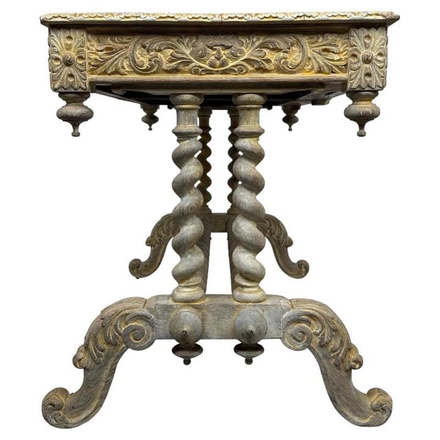 Antique Victorian Oak Writing Table with Carved Decoration For Sale - Image 6 of 11