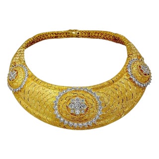 Regal Design Diamond & Florentine Finish Vintage Gold Choker Necklace 1.25 Inch Wide For Sale