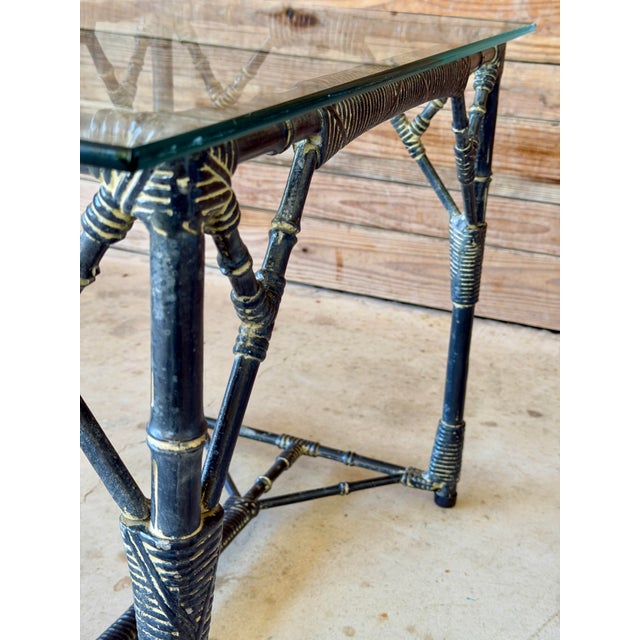 Ink Blue Pair Vintage Coastal Faux Bamboo Aluminum Side Tables With Glass Tops For Sale - Image 8 of 12