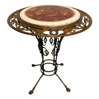 Antique Wrought Iron Brass Greyhound Gueridon Table Inlaid Marble Top 22" For Sale