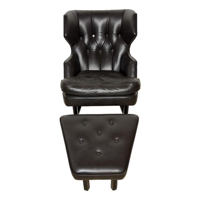 1950s Black Wing Back Chair & Ottoman Attributed to Edward Wormley for Dunbar Janus For Sale