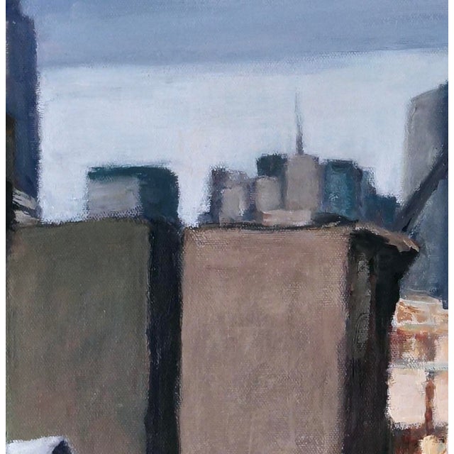 This is a cityscape oil painting by NYC artist Patty Neal, showing a Manhattan skyline glowing in the fading light beyond...