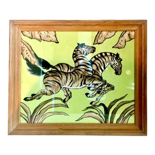 39" El Morocco Art Deco Zebras Gouache Painting in Limed Oak Frame For Sale