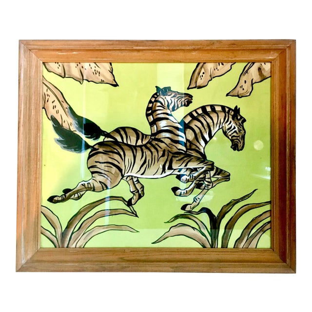 39" El Morocco Art Deco Zebras Gouache Painting in Limed Oak Frame For Sale