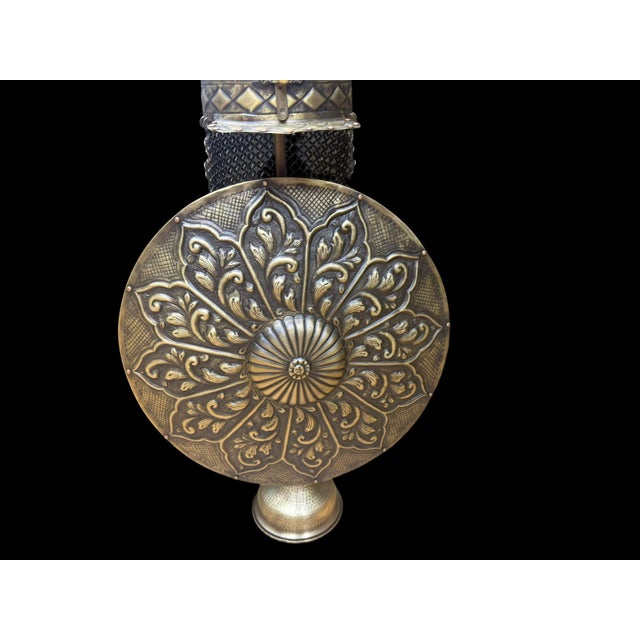 A handmade Turkish brass armor display set featuring a domed helmet with chainmail-style detailing and a coordinating...